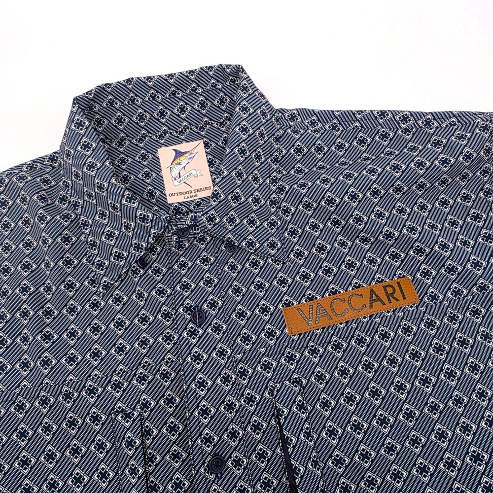 Vaccari Outdoor Series Mens Large Blue Geometric Short Sleeve Fishing Shirt Vent